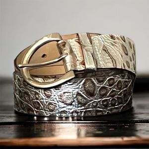 GARUGLIERI Vtg Y2K Genuine Leather Embossed Croc Belt Silver Brown Bronze Sz L